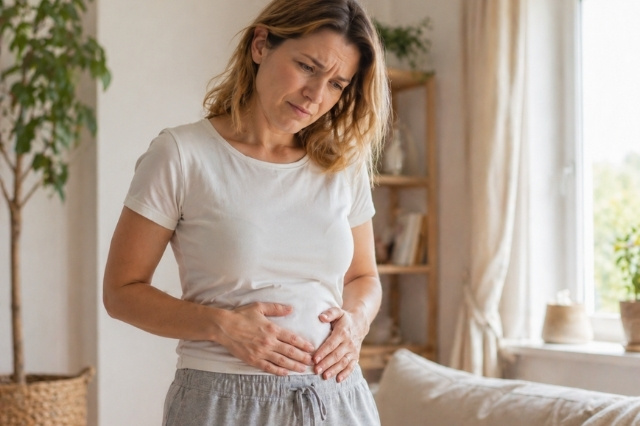 Žena si drží nafouklé břicho a vnímá nepříjemný tlak po jídle.