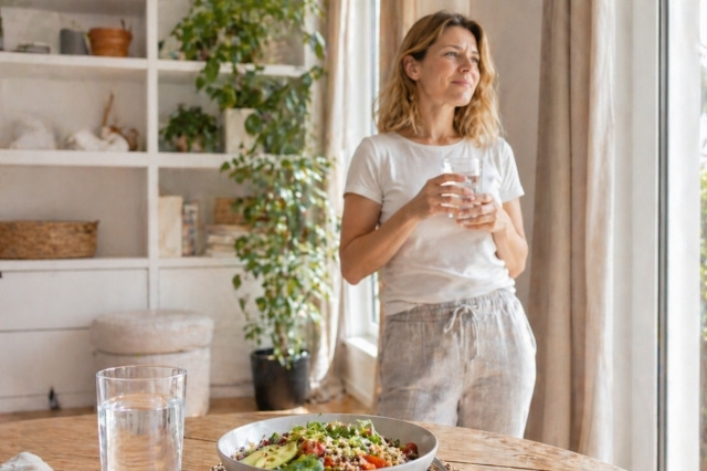 Žena pije vodu po jídle a stojí v klidném světlém interiéru vedle zdravého jídla.