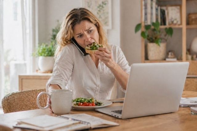 Žena jí ve spěchu u notebooku a telefonu, což může přispívat k pocitu těžkosti a nafouklého břicha.