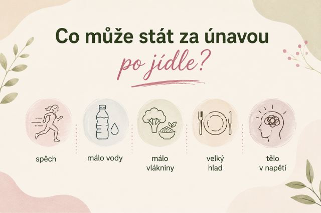 Infografika o možných příčinách únavy po jídle – spěch, málo vody, málo vlákniny, velký hlad a napětí
