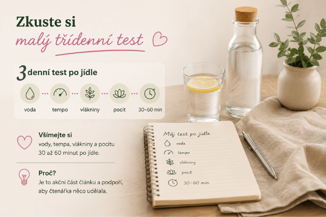 Zápisník, voda a jednoduchý třídenní test po jídle zaměřený na vlákninu, tempo jídla a pocit po jídle